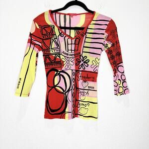 Vintage Y2K Noun All Over Graphic Mesh Art Paris Stretch Bubble Gum Top